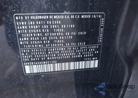 2019 Volkswagen Tiguan Se/Sel/Sel R-Line Jet-Black/Sel R-Line из США, поврежденный, VIN 3VV2B7AX8KM021753